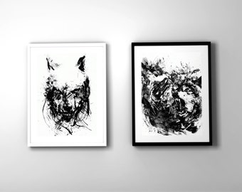 WOLF PACK, Set Of Two Posters, Wolf Art, Wolf Print, Angry Wolf, Black And White Art, Ink Painting, Angry Animal, Wild Life, A3 Size