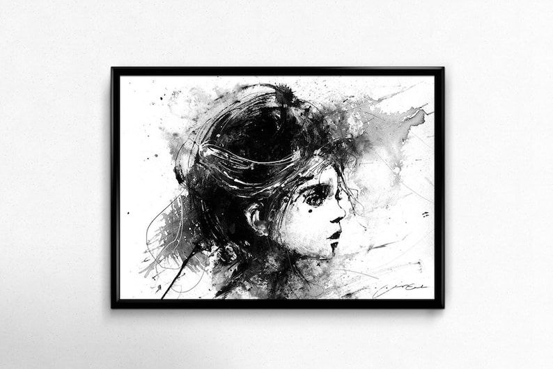 May include: Black and white ink and watercolor painting of a woman's face. The woman's hair is long and flowing, and her eyes are closed. The background is a splatter of black and white ink.