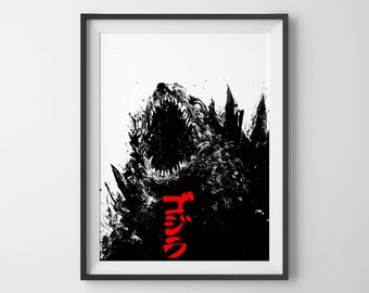 ゴジラのアートプリント、白黒映画ポスター、モンスターA3 - Etsy 日本