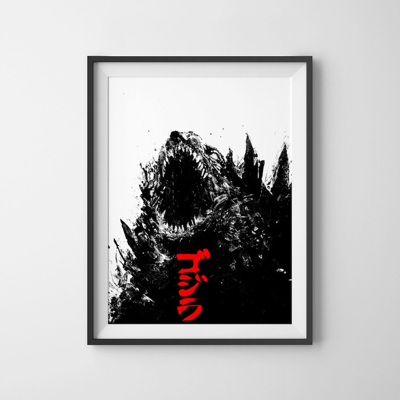 Godzilla poster, acrylic painting, art print, black and white art, movie poster, godzilla art, black and red, gojira text art, monster A3 image 1