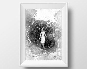 Storm, Printable Art, Home Decor, Wall Art, Girl In Storm, Lighting Art, Rain Art, Storm Art, Black And White Art, Contemporary Art, Surreal