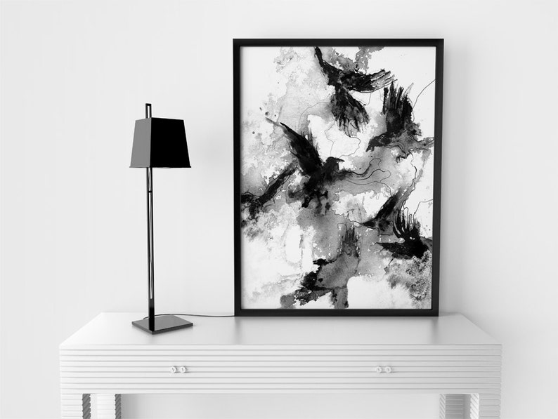 Ravens, Black And White Print, Ink Drawing, Bird Poster, Crow Print, Raven decor, Bird Lover, Raven Painting, Animal Art, Wall Print, Messy image 4