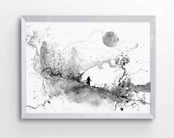 Dreamer, Ink Printable, Fantasy Art Print, Black and White Print, Wall Art, Fantasy Landscape, Wall Art Downloadable,  Nursery, Instant Art