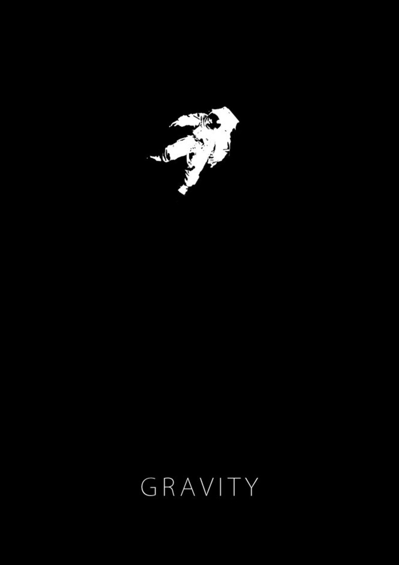 Op de afbeelding: Een minimalistische zwart-wit poster met een silhouet van een astronaut die in de ruimte zweeft. De tekst "GRAVITY" is in wit onderaan de poster gedrukt.