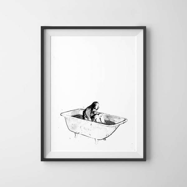 Bath Time, Girl Bathing, Girls Wall Art, Bathroom Decor, Minimalist Art, Black and White Art, Bathroom Wall Decor, Art Prints, Ink Art