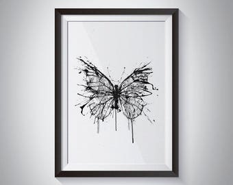 Broken Butterfly, papillon Art, dessin à l’encre, Art mural papillon, papillon affiche, grand mur Art, Art de la Nature, noir et blanc Art, Messy