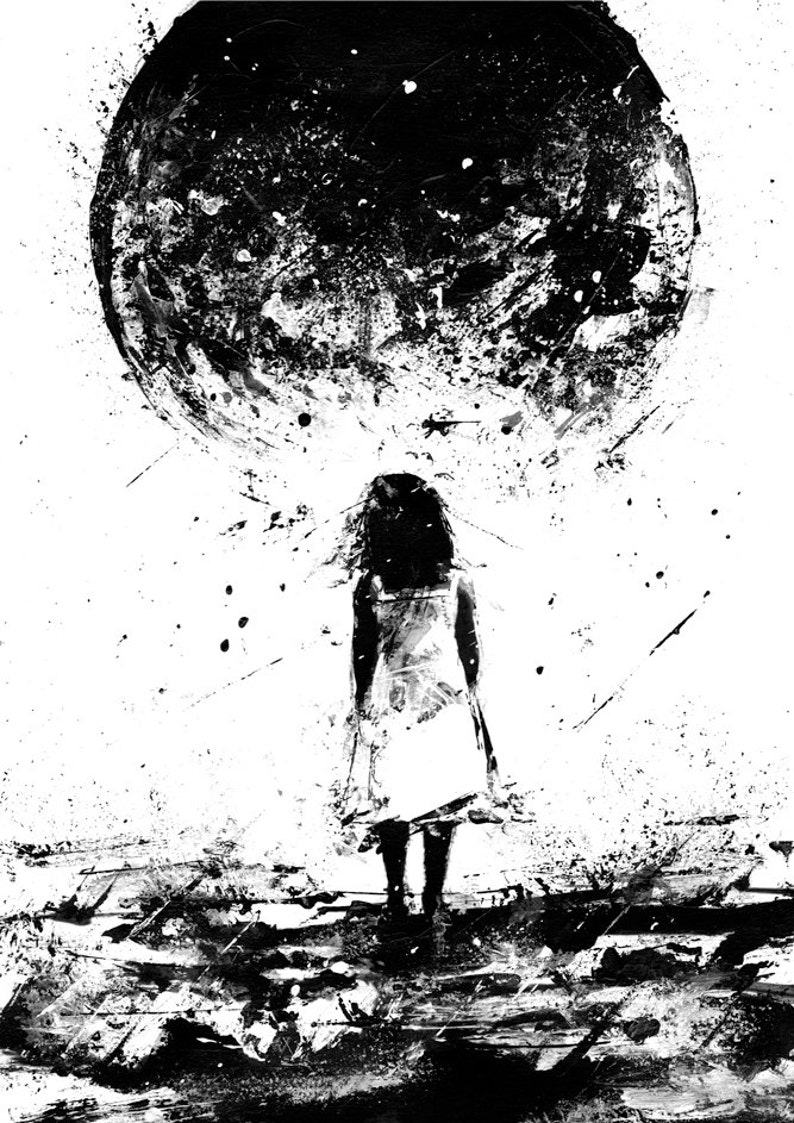 WONDER, Black And White Art, Fantasy Art, Mythical, Moon Art, Little Girl, Planet Art, Spooky Art, Art Print, Dreams, Contemporary Art image 2