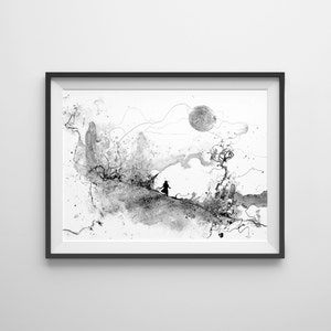 Dreamer, Ink Painting Print, Fantasy Art Print, Black and White Print, Wall Art, Fantasy Landscape, Wall Art Print, art for nursery