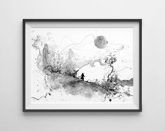 Dreamer, Ink Painting Print, Fantasy Art Print, Black and White Print, Wall Art, Fantasy Landscape, Wall Art Print, art for nursery