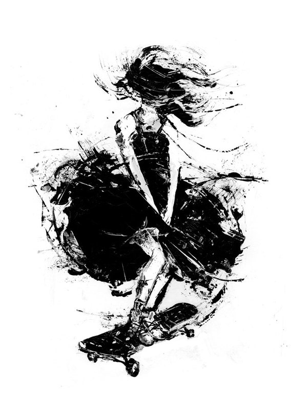 Skating Girl, Black and White, Acrylic Painting, Art Print, Windy