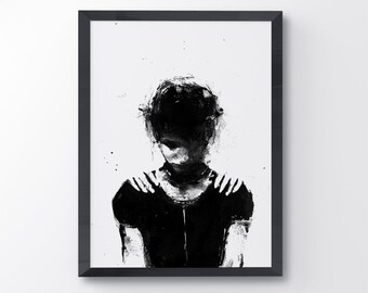 Lover, Printable Artwork, Black And White Acrylic Painting, Instant Art, Contemporary Art, Sad Girl, Symbolism Art, Black Art, Download Art