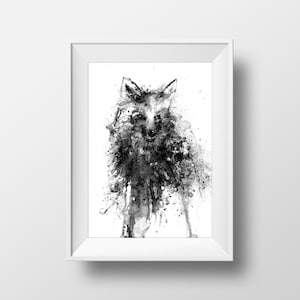 Black Fox, zwart-witte kunst, inkt tekenen, dierlijke kunst, inkt splatter, Fox kunst, Animal Print, Fox print, zwart-wit print, Wall Art Fox