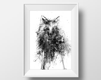 Black Fox, Black and White Art, Ink Drawing, Animal Art, Ink Splatter, Fox art, Animal Print, Fox Print, Black and White Print, Wall Art Fox