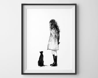 Appointment, Old Friend, Acrylic Painting, Art Print, Cat Art, Cat Lover, Girl & Cat, Black Cat, Animal Art, Black And White Art, Friendship