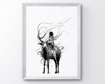 Meisje & herten, Fantasy Art, sprookje, Art Print, hert kunst, zwarte herten, dierlijke kunst, zwart-witte kunst, vriendschap, Decor van het huis, inkt kunst