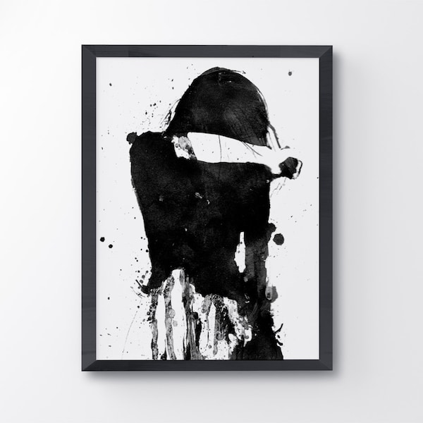 Cry Girl, Black and White Art, Acrylic Painting, Giclee Print, Sad Art, Minimalist Art, Contemporary Art, Black Art, Wall Art, Sad Girl