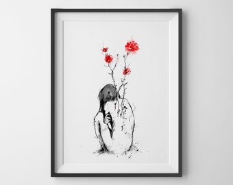 Blossom, Girl and Flower, Girls Wall Art, Girl Sitting on ground, Bedroom Decor , Surreal Art, Acrylic Painting, Art Prints, Black and red