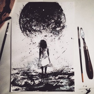 WONDER, Black And White Art, Fantasy Art, Mythical, Moon Art, Little Girl, Planet Art, Spooky Art, Art Print, Dreams, Contemporary Art image 4