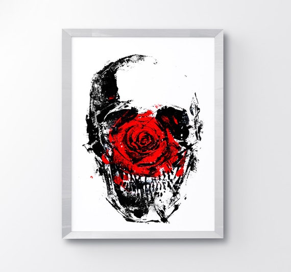 Red Rose Skull Art Print Skull poster Horror Decor Black Etsy