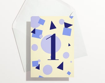 1st birthday card | First birthday blue geometric milestone card | Children's milestone card | One today's boys card | Fun kids party invite