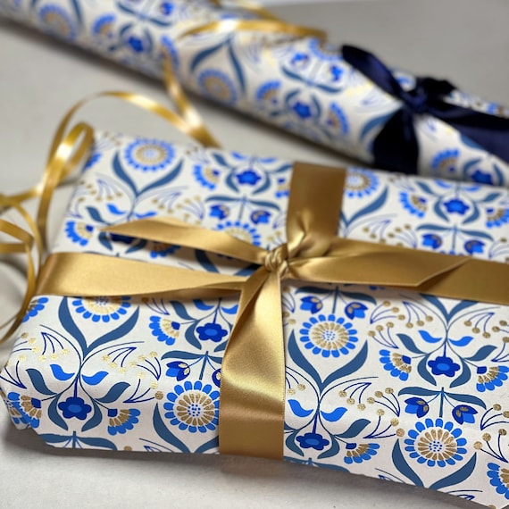 Handmade Gift Wrapping Paper Sheets 700mm X 500mm Floral Beige and Blue 