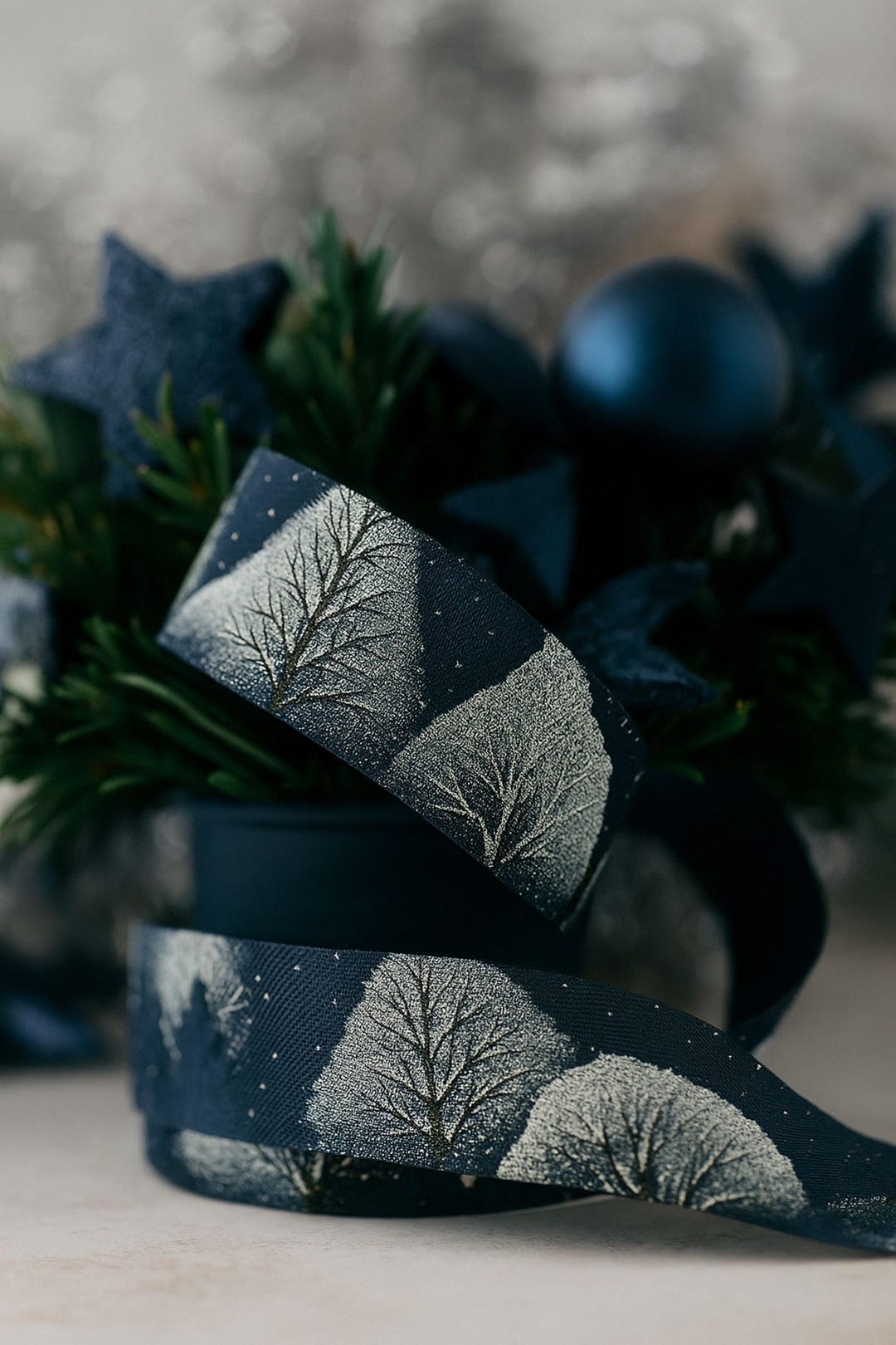 Navy Blue Christmas Ribbon: Silver Glitter Trees, 38mm (no Wire ...