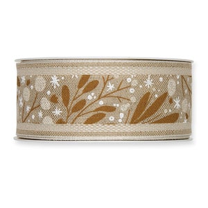 Natural Linen Christmas Ribbon Printed with Mistletoe Design 40mm Width