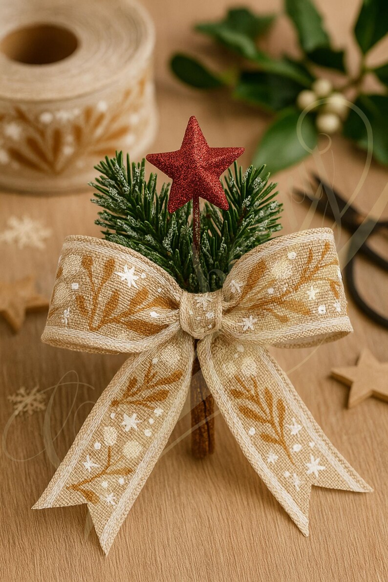 May include: A festive Christmas bow with a red glitter star, pine sprigs, and a tan ribbon featuring a white floral pattern. The bow is tied and mounted on a cinnamon stick, perfect for holiday decor.