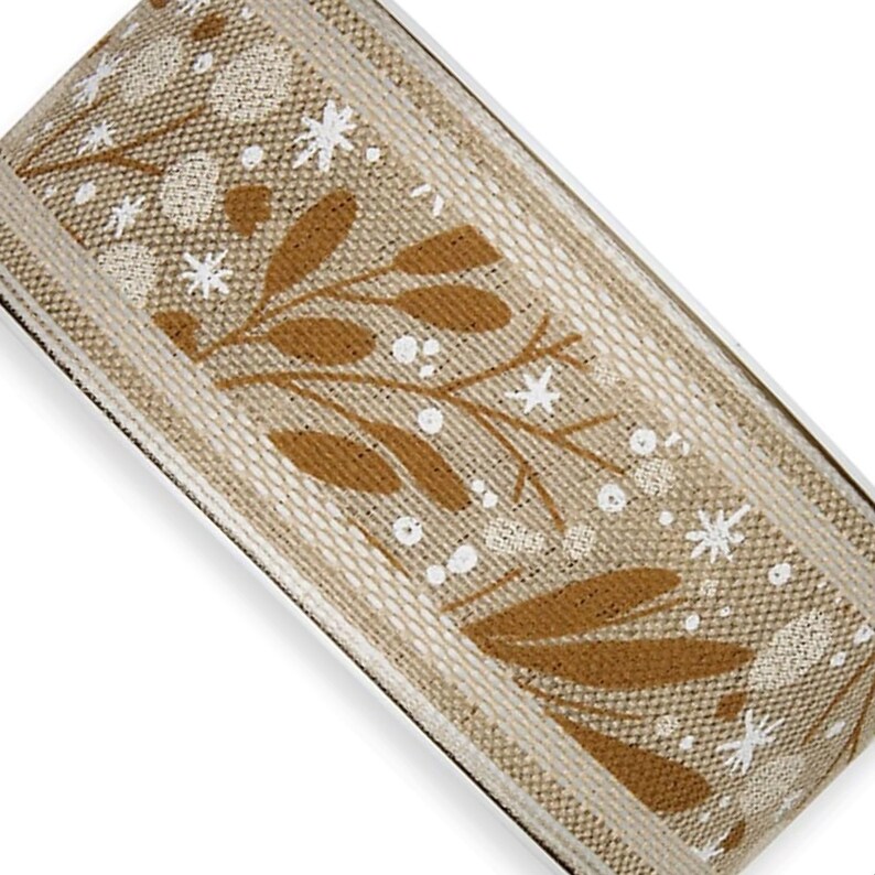 Natural Linen Christmas Ribbon Printed with Mistletoe Design 40mm Width