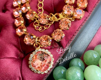 Collier en or rose chaud, pendentif, pierres de cristal roses chaudes, collier de serrage en or 16 carats, collier Marie-Antoinette géorgien
