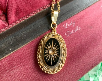 Huge Victorian SUNBURST Intaglio Necklace, Gold and Black Intaglio, 16k gold plated thin rolo chain late 19th century reproduction necklace