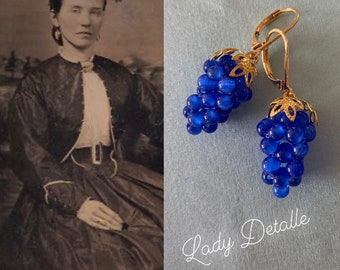 BLUE Opal GRAPE Earrings, VICTORIAN, Reproduction 19th century bright Blue opal grape earrings, 16K gold or Silver, Blue opal stone earrings