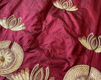 Burgundy Silk Shawl, vintage Gorgeous dark red brown SILK Dupatta from India, gorgeous gold thread embroidery, lovely design