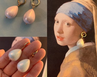 Original Girl With a PEARL Earrings, PAIR Large SHELL Pearl 16k gold or Silver plated loops, Heavy Earrings Inspired by Vermeer Painting
