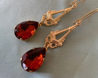 MADEIRA Pear Teardrop Edwardian Earrings, 16k gold plated lever backs, Long chandelier, Orange Brown glass PASTE repro Edwardian earrings