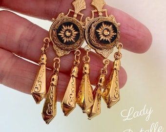 Fancy Victorian PENDULUM 1870s Earrings, Lady Detalle Sunburst Intaglio 16k gold late 19th Victorian Etruscan historic reproduction earrings