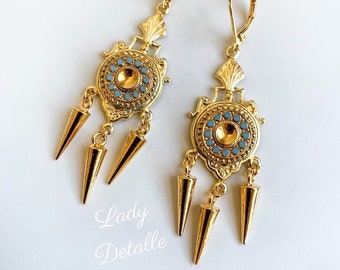 Fancy Victorian GOLD Etruscan Earrings, 16k Gold Turquoise Intaglios, late 19th century historic reproduction late Victorian gold pendulum