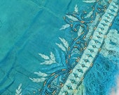 Aqua Silk Shawl, Gorgeous Aqua Silk embroidered Dupatta, FRINGE, stunning blue theread embroidery, medium aqua blue tones