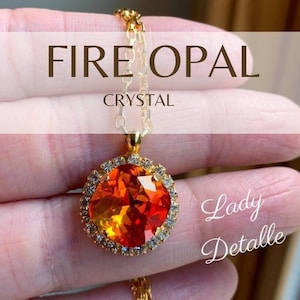 FIRE Opal Pendant Necklace, 16k Gold or Silver plated HALO Pendant red orange yellow Fire opal CRYSTAL glass stones thin rolo chain necklace