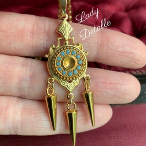 Fancy Victorian GOLD Etruscan Necklace, 16k Gold Turquoise Intaglios, late 19th century historic reproduction late Victorian gold pendulum