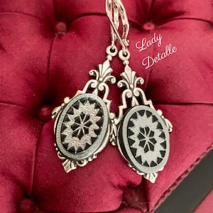 Victorian SILVER Starburst Intaglio Earrings, Antique SILVER and Black, Rhodium lever backs, late 19th reproduction silver black earrings