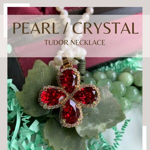 TUDOR Queen PEARL Crystal Necklace, Scarlet RED 16k gold, Historic Reproduction Tudor Queen Elizabeth Fine real Pearl Renaissance Necklace