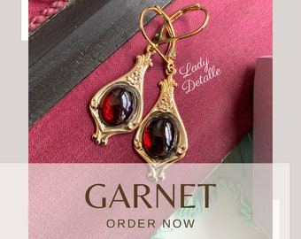 Tiny real GARNET Edwardian Earrings, Historic Reproduction Edwardian 16k gold or Silver plated lever backs real GARNET stone small earrings