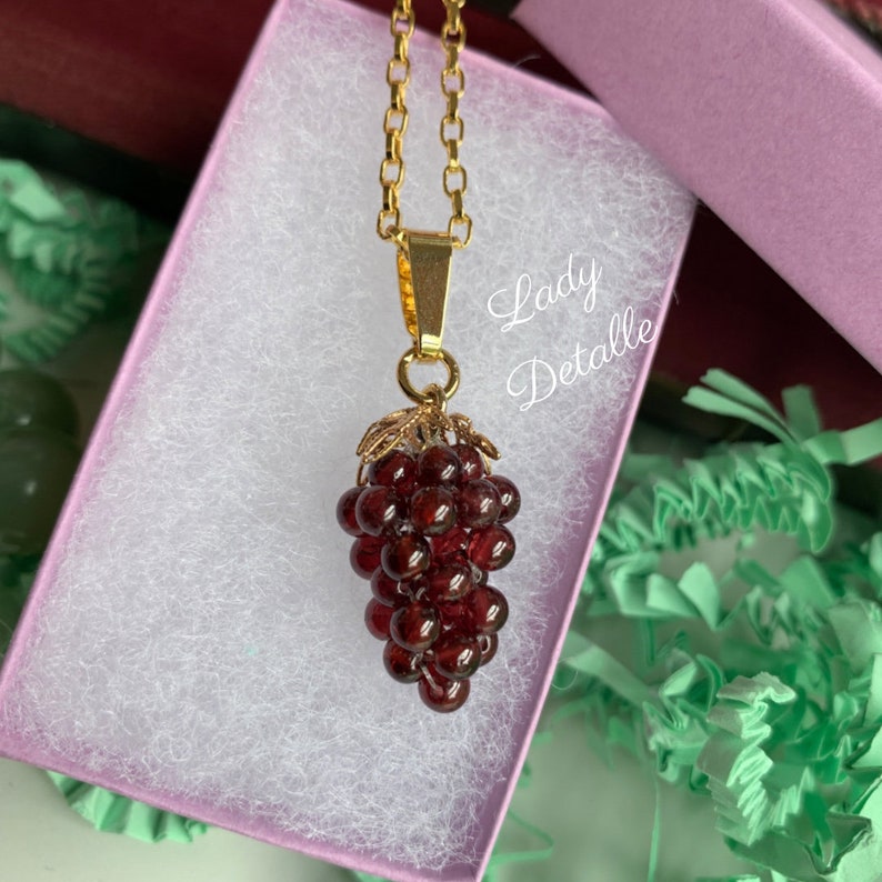 Garnet GRAPE Necklace by Lady Detalle, Reproduction Victorian real Garnet Grapes 16k gold Pendant Necklace Jewelry gift summer wine wedding image 2
