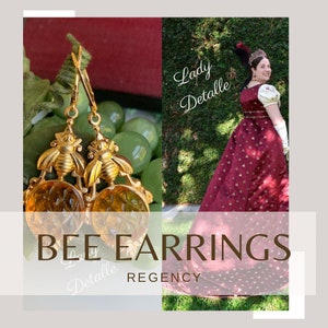 Amber BEE Earrings, 16k gold plated Empress Josephine Regency historic Reproduction, honey bee vintage 1950s glass Classic Victorian jewelry