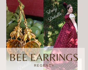 Amber BEE Earrings, 16k gold plated Empress Josephine Regency historic Reproduction, honey bee vintage 1950s glass Classic Victorian jewelry