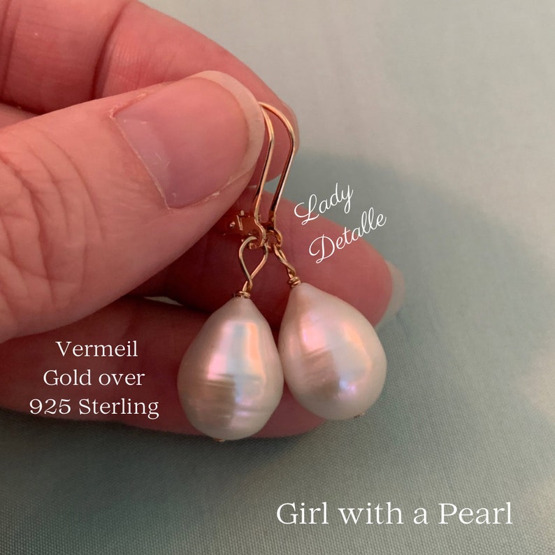 925 Vermeil Girl With a PEARL Earrings, PAIR Large real Teardrop Pearl Gold Sterling Premium earrings, Historic Inspired by Vermeer Painting image 3