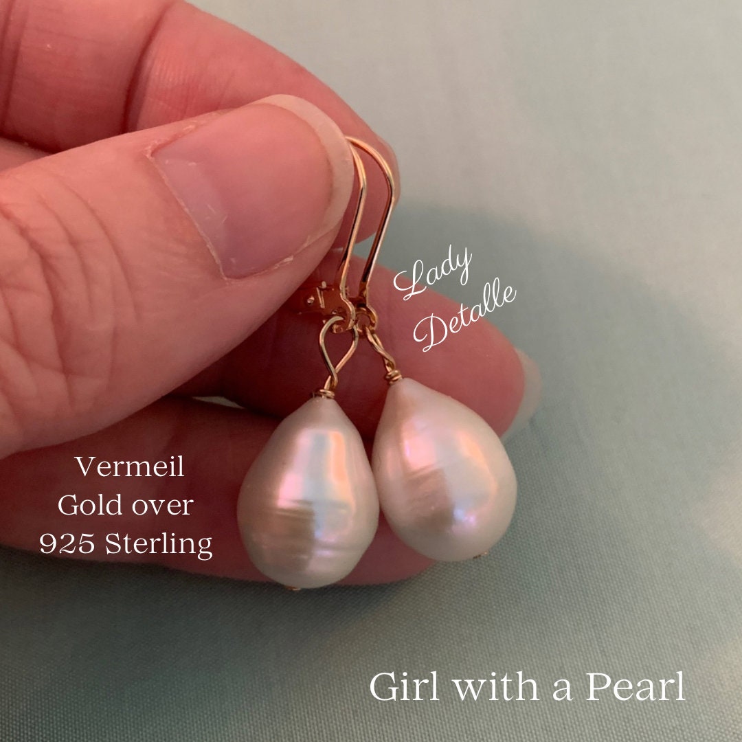 925 Vermeil Girl With a PEARL Earrings, PAIR Large Real Teardrop Pearl Gold  Sterling Premium Earrings, Historic Inspired by Vermeer Painting - Etsy
