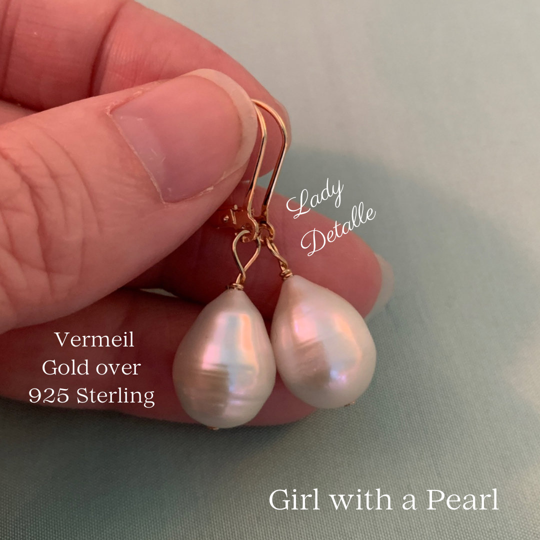 925 Vermeil Girl With a PEARL Earrings, PAIR Large Real 925 Vermeil Girl With a PEARL Earrings, PAIR Large Real