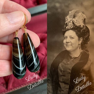 Banded Agate VICTORIAN Teardrop Earrings, 16k gold or silver historic Reproduction Stunning Long Black agate stone teardrop scottish jewelry image 2